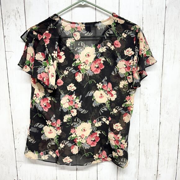 Chaps Top Women's Size M Short Sleeve Shell Black Floral Print Sheer V Neck - Picture 4 of 4